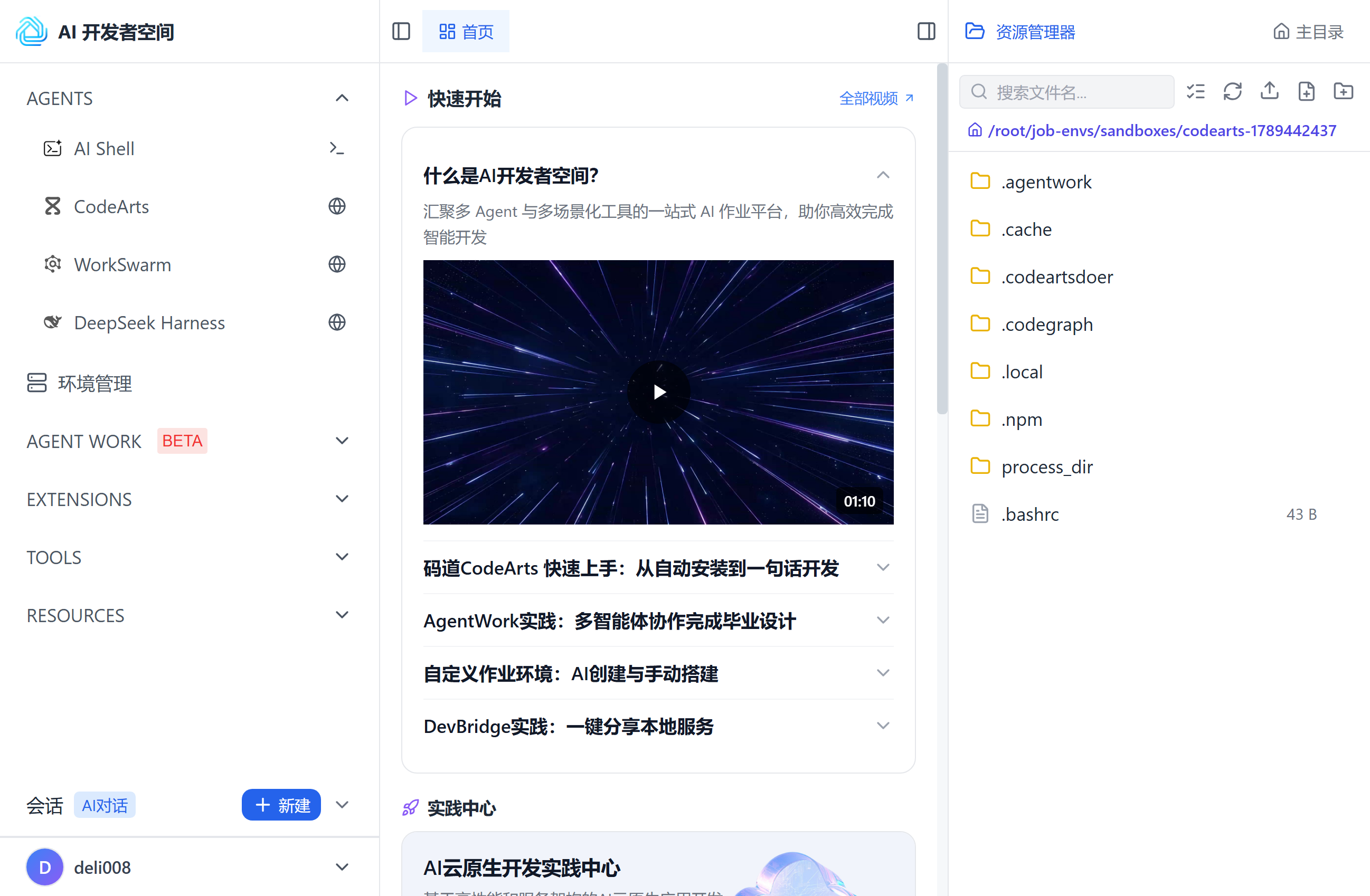 AI 开发者空间主界面