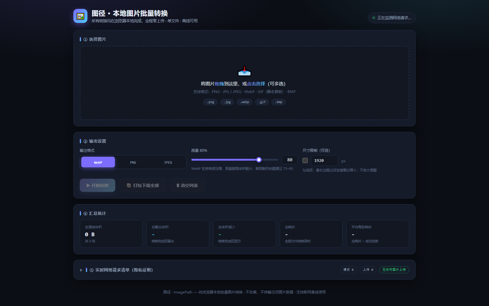 图 2:工具首屏,从上到下是拖拽选择区、输出格式与质量滑杆、尺寸限制、操作按钮,以及置灰的三个按钮