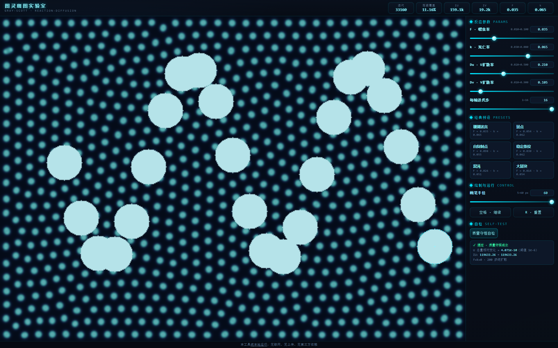 图 4：暂停模拟后用半径 60 px 的画笔在画布上拖一道，路径上的 V 被播种成大片亮斑——这是页面上唯一能「手绘」的东西，也是验证交互没坏的最快办法
